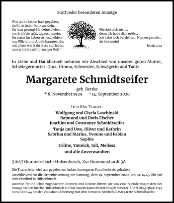 Anzeige von Margarete Schmidtseifer von Kölner Stadt-Anzeiger / Kölnische Rundschau / Express