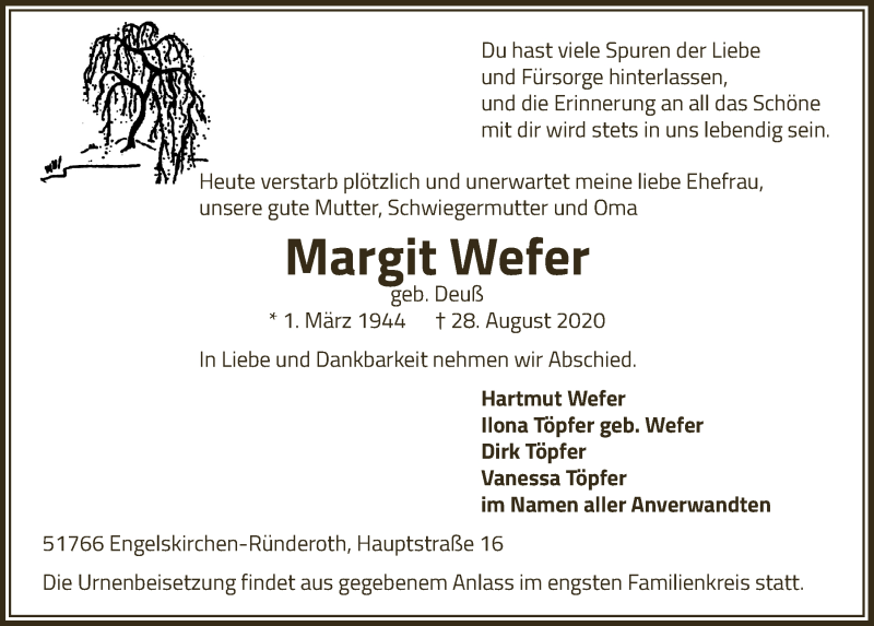  Traueranzeige für Margit Wefer vom 04.09.2020 aus  Anzeigen Echo 