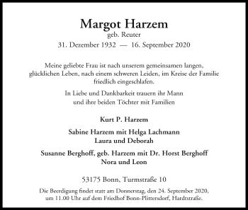 Anzeige von Margot Harzem von Kölner Stadt-Anzeiger / Kölnische Rundschau / Express