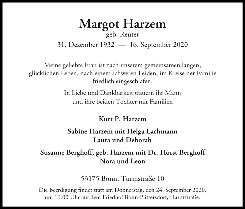  Traueranzeige für Margot Harzem vom 19.09.2020 aus Kölner Stadt-Anzeiger / Kölnische Rundschau / Express