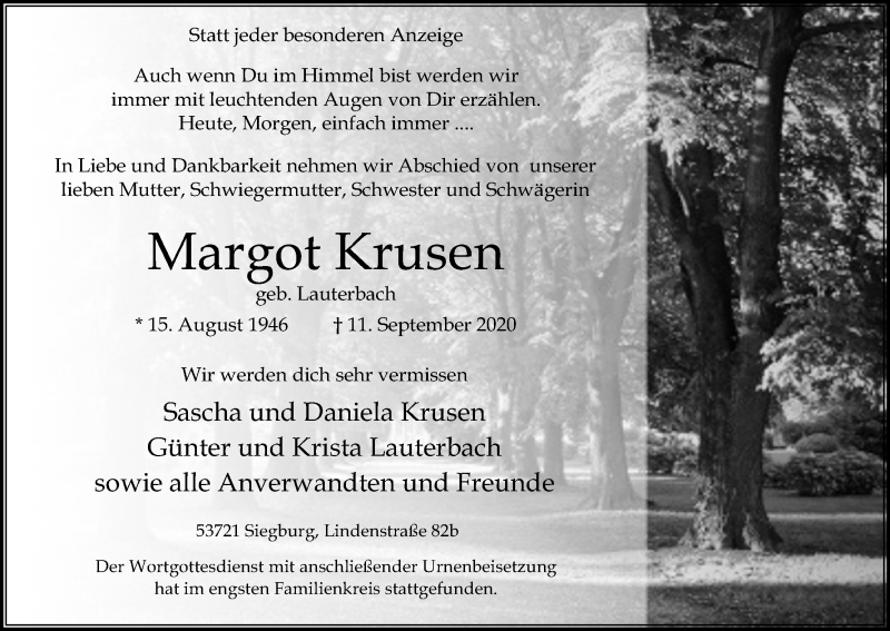  Traueranzeige für Margot Krusen vom 26.09.2020 aus Kölner Stadt-Anzeiger / Kölnische Rundschau / Express