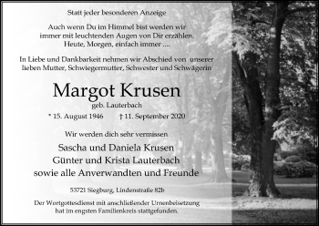 Anzeige von Margot Krusen von Kölner Stadt-Anzeiger / Kölnische Rundschau / Express