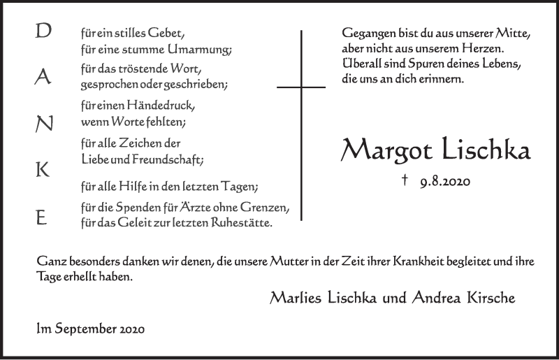  Traueranzeige für Margot Lischka vom 04.09.2020 aus  Schlossbote/Werbekurier 