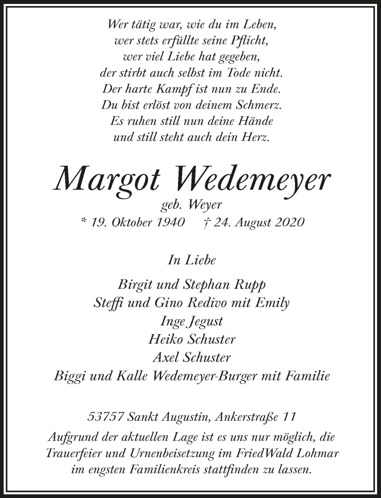  Traueranzeige für Margot Wedemeyer vom 18.09.2020 aus  Extra Blatt 