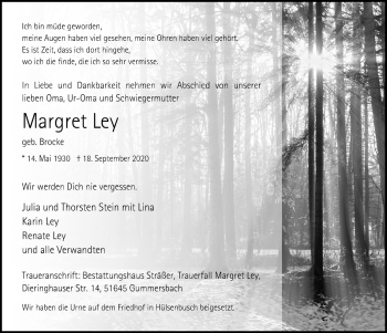 Anzeige von Margret Ley von  Anzeigen Echo 