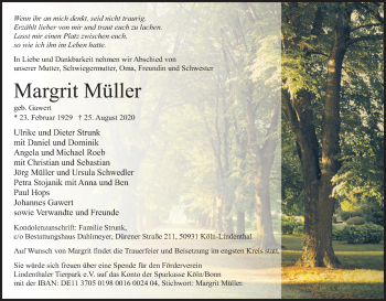 Anzeige von Margrit Müller von Kölner Stadt-Anzeiger / Kölnische Rundschau / Express