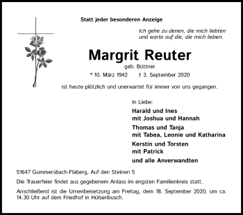 Anzeige von Margrit Reuter von Kölner Stadt-Anzeiger / Kölnische Rundschau / Express