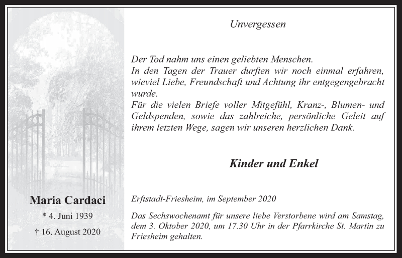  Traueranzeige für Maria Cardaci vom 01.10.2020 aus  Werbepost 