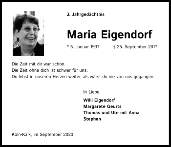 Anzeige von Maria Eigendorf von Kölner Stadt-Anzeiger / Kölnische Rundschau / Express
