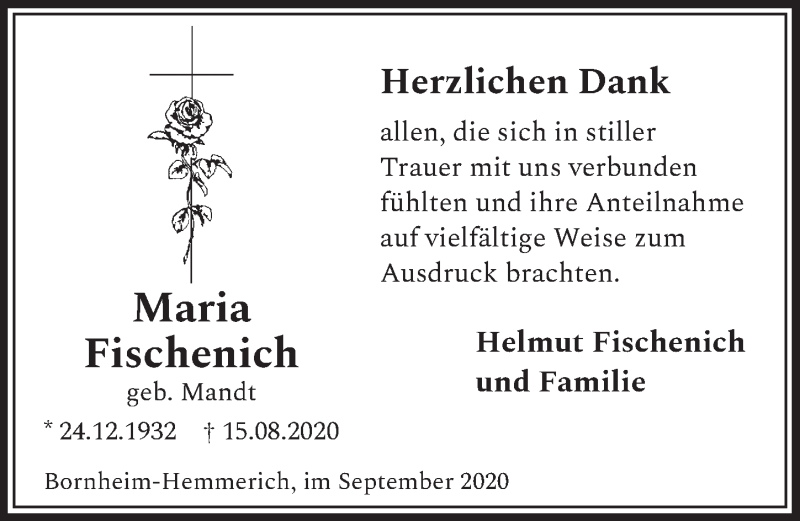  Traueranzeige für Maria Fischenich vom 25.09.2020 aus  Schaufenster/Blickpunkt 