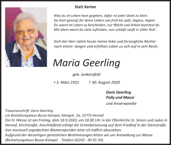 Anzeige von Maria Geerling von Kölner Stadt-Anzeiger / Kölnische Rundschau / Express