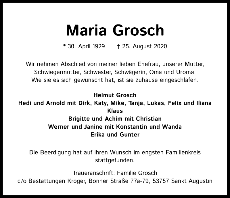  Traueranzeige für Maria Grosch vom 12.09.2020 aus Kölner Stadt-Anzeiger / Kölnische Rundschau / Express