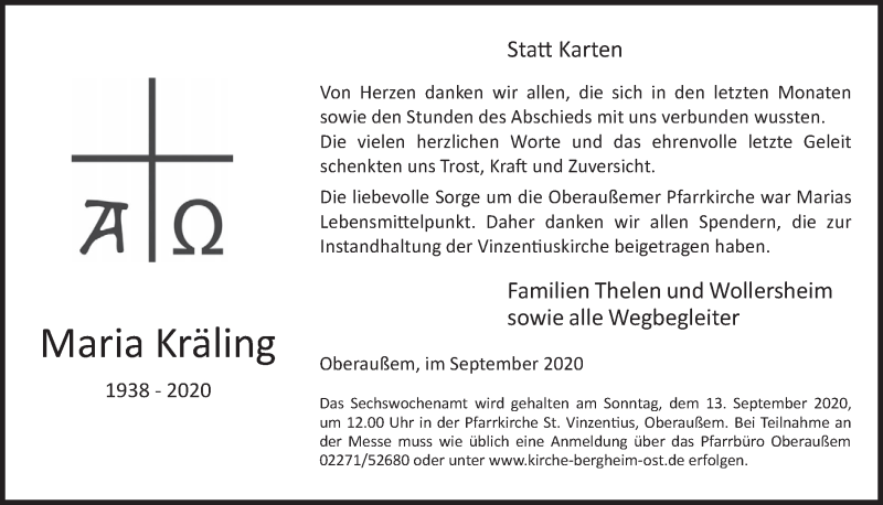  Traueranzeige für Maria Kräling vom 04.09.2020 aus  Werbepost 
