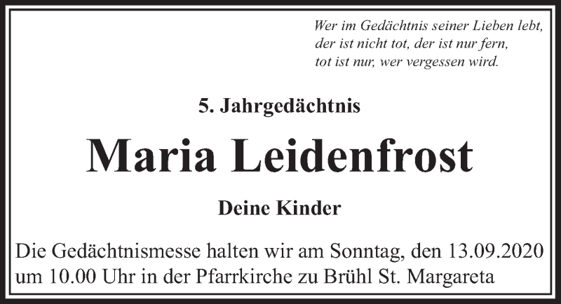  Traueranzeige für Maria Leidenfrost vom 11.09.2020 aus  Schlossbote/Werbekurier 