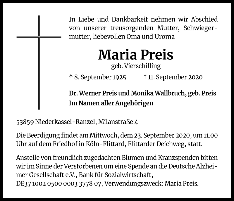  Traueranzeige für Maria Preis vom 19.09.2020 aus Kölner Stadt-Anzeiger / Kölnische Rundschau / Express