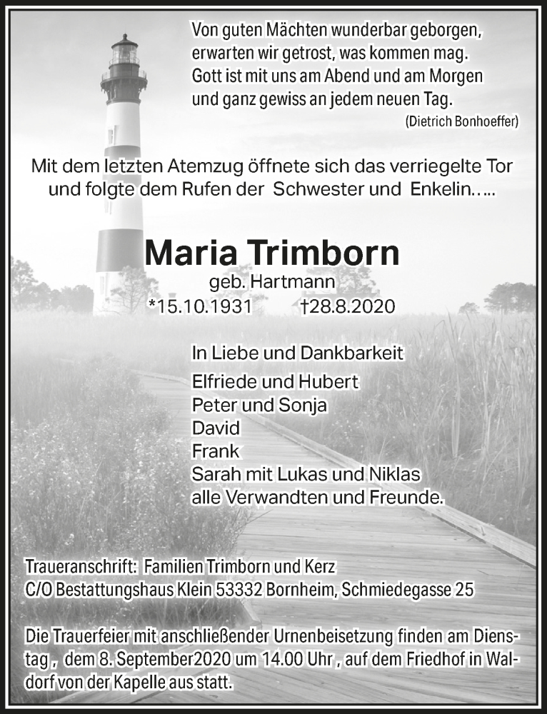  Traueranzeige für Maria Trimborn vom 04.09.2020 aus  Schaufenster/Blickpunkt 