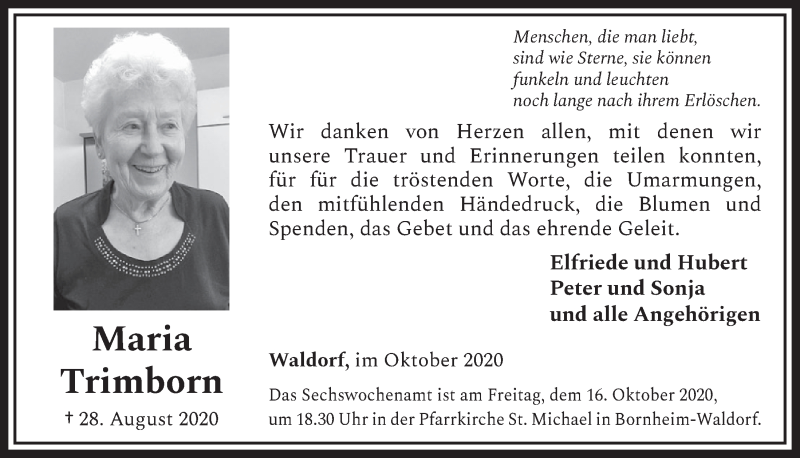  Traueranzeige für Maria Trimborn vom 01.10.2020 aus  Schaufenster/Blickpunkt 