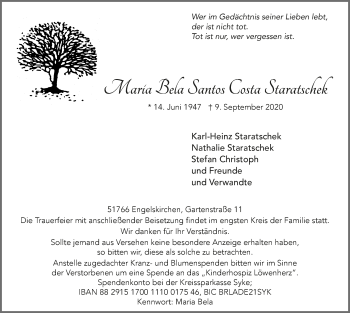 Anzeige von Maria Bela Santos Costa Staratschek von  Anzeigen Echo 