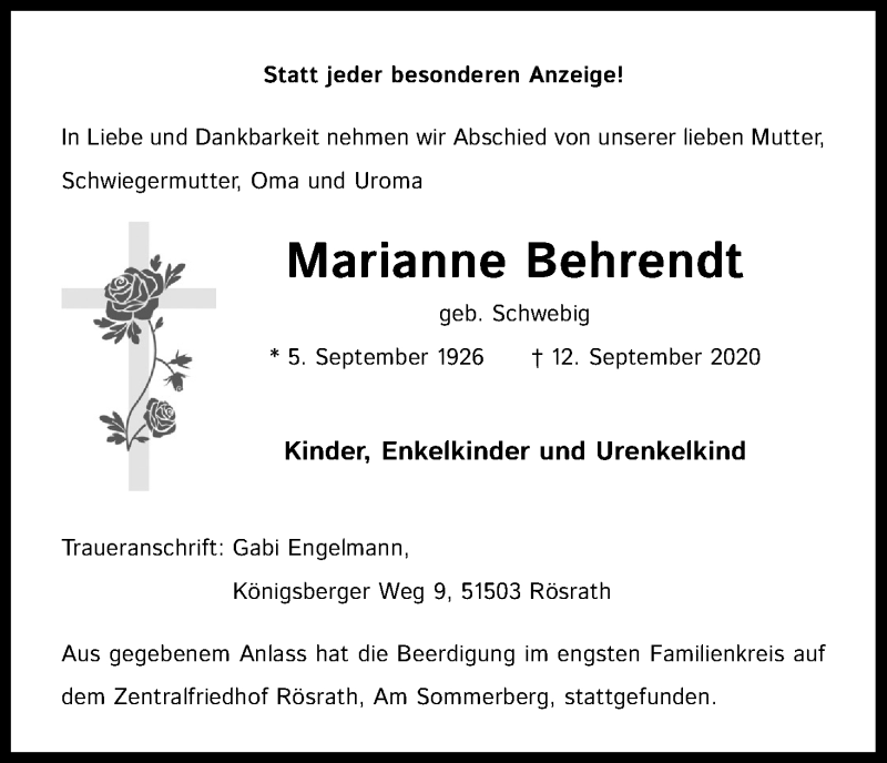  Traueranzeige für Marianne Behrendt vom 26.09.2020 aus Kölner Stadt-Anzeiger / Kölnische Rundschau / Express