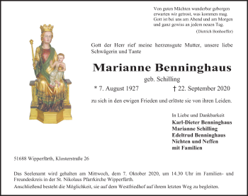 Anzeige von Marianne Benninghaus von Kölner Stadt-Anzeiger / Kölnische Rundschau / Express