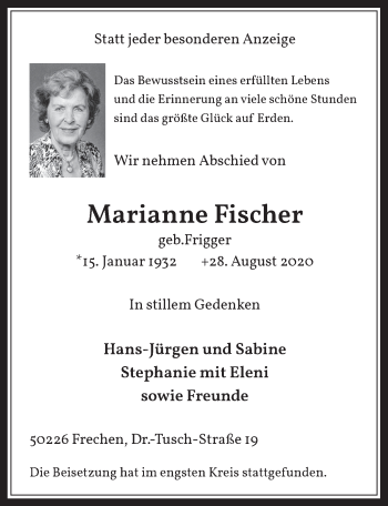 Anzeige von Marianne Fischer von  Wochenende 