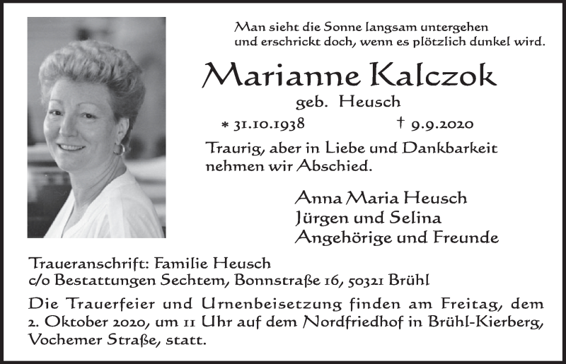  Traueranzeige für Marianne Kalczok vom 25.09.2020 aus  Schlossbote/Werbekurier 