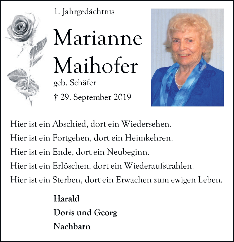  Traueranzeige für Marianne Maihofer vom 01.10.2020 aus  Schlossbote/Werbekurier 