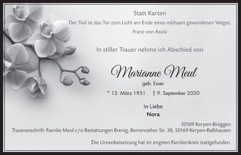  Traueranzeige für Marianne Meul vom 18.09.2020 aus  Werbepost 