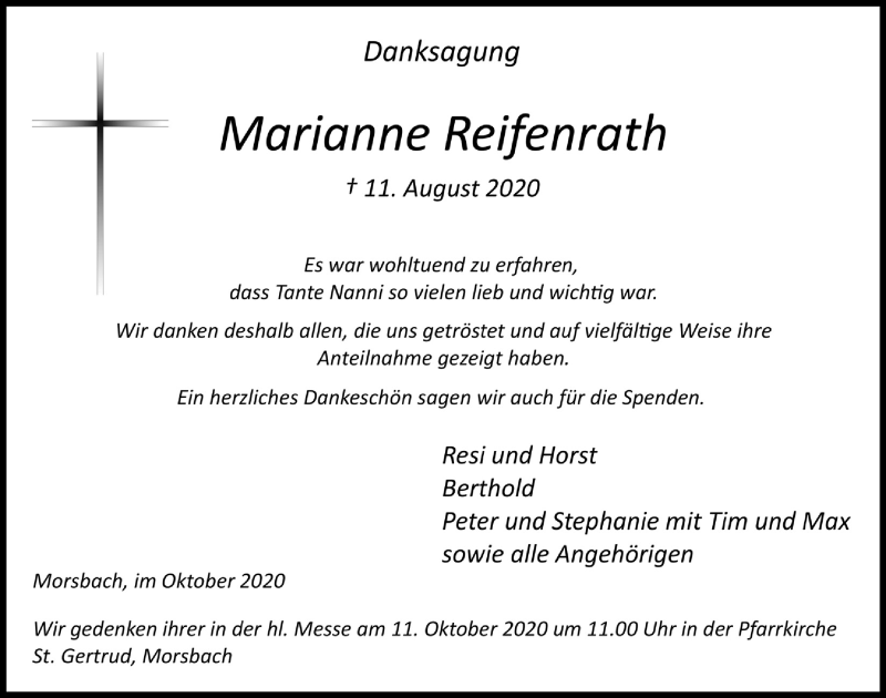  Traueranzeige für Marianne Reifenrath vom 01.10.2020 aus  Lokalanzeiger 