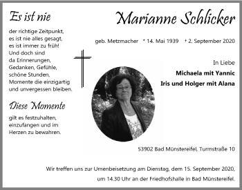 Anzeige von Marianne Schlicker von  Blickpunkt Euskirchen 