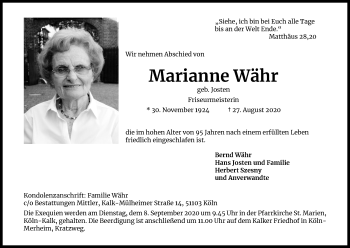 Anzeige von Marianne Währ von Kölner Stadt-Anzeiger / Kölnische Rundschau / Express