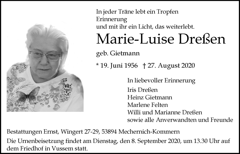  Traueranzeige für Marie-Luise Dreßen vom 05.09.2020 aus  Blickpunkt Euskirchen 