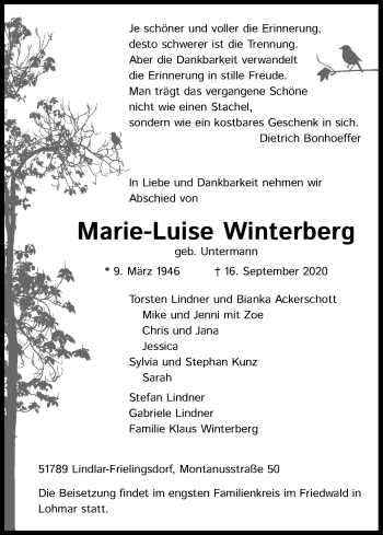 Anzeige von Marie-Luise Winterberg von Kölner Stadt-Anzeiger / Kölnische Rundschau / Express