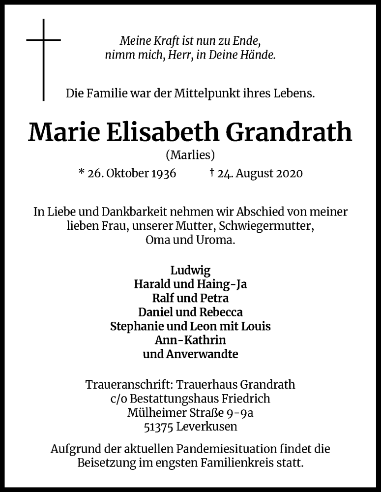  Traueranzeige für Marie Elisabeth Grandrath vom 05.09.2020 aus Kölner Stadt-Anzeiger / Kölnische Rundschau / Express