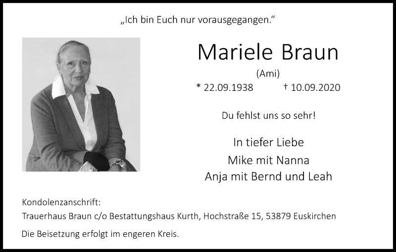  Traueranzeige für Mariele Braun vom 26.09.2020 aus Kölner Stadt-Anzeiger / Kölnische Rundschau / Express