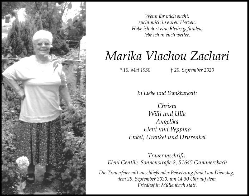  Traueranzeige für Marika Vlachou Zachari vom 25.09.2020 aus  Anzeigen Echo 