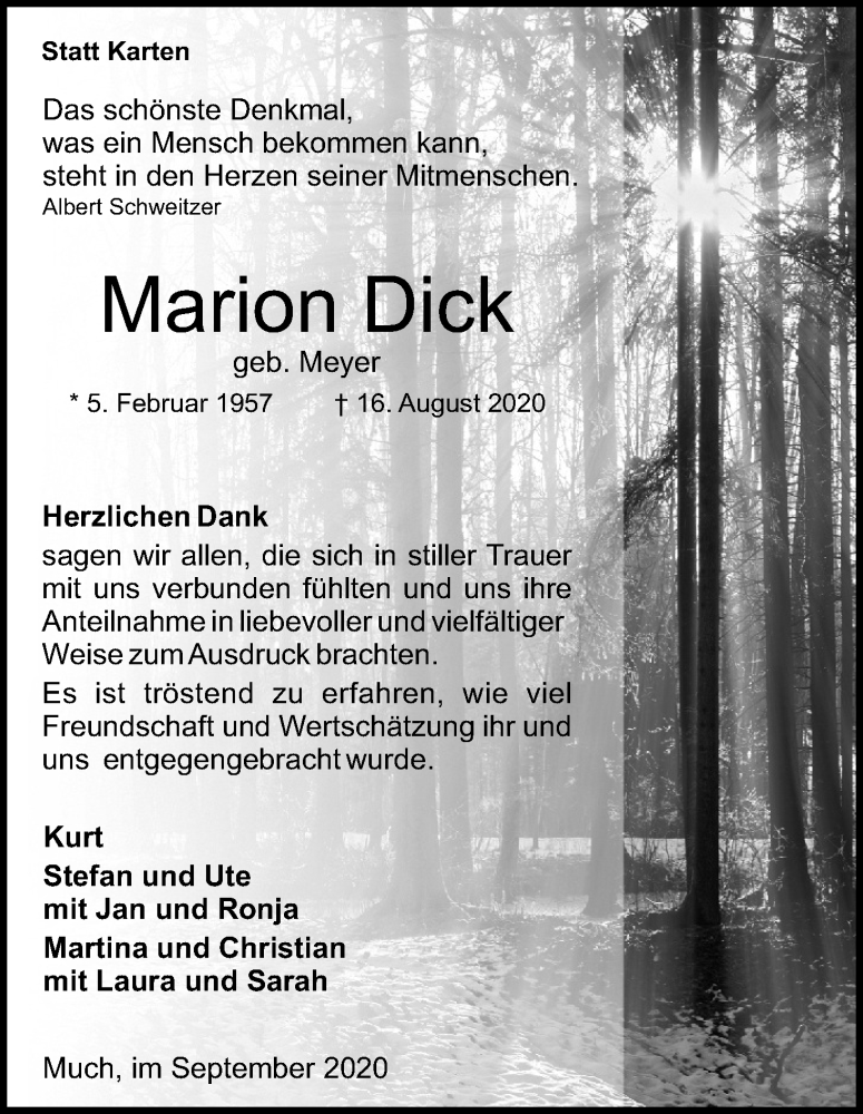  Traueranzeige für Marion Dick vom 26.09.2020 aus Kölner Stadt-Anzeiger / Kölnische Rundschau / Express