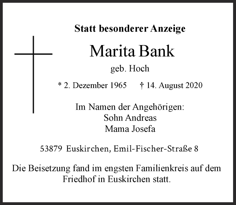  Traueranzeige für Marita Bank vom 05.09.2020 aus  Blickpunkt Euskirchen 