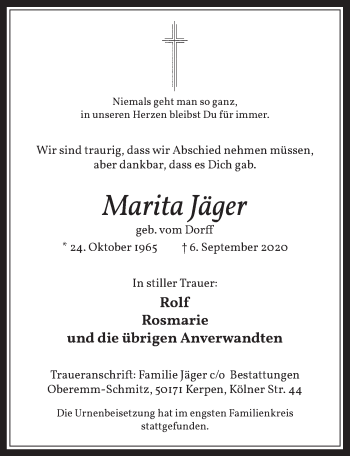 Anzeige von Marita Jäger von  Werbepost 