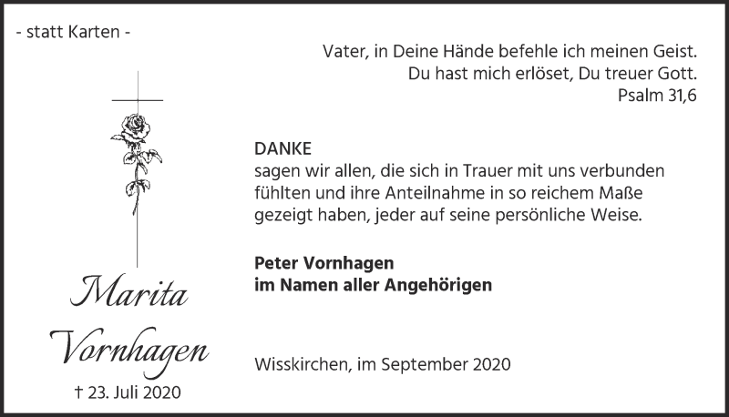  Traueranzeige für Marita Vornhagen vom 12.09.2020 aus  Blickpunkt Euskirchen 