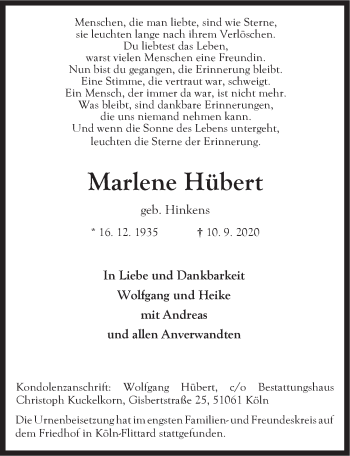 Anzeige von Marlene Hübert von  Kölner Wochenspiegel 