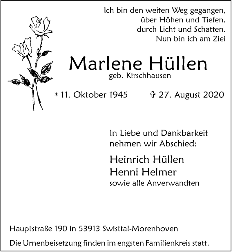  Traueranzeige für Marlene Hüllen vom 04.09.2020 aus  Schaufenster/Blickpunkt 