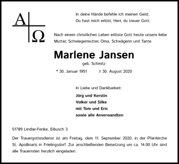 Anzeige von Marlene Jansen von Kölner Stadt-Anzeiger / Kölnische Rundschau / Express