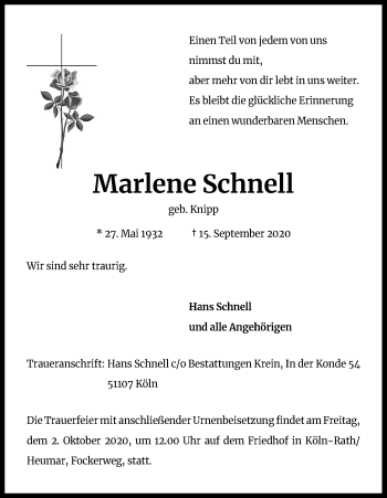 Anzeige von Marlene Schnell von Kölner Stadt-Anzeiger / Kölnische Rundschau / Express