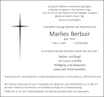 Anzeige von Marlies Berbuir von  Blickpunkt Euskirchen 