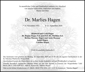 Anzeige von Marlies Hagen von Kölner Stadt-Anzeiger / Kölnische Rundschau / Express