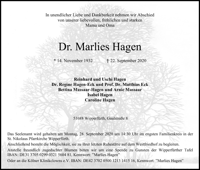  Traueranzeige für Marlies Hagen vom 24.09.2020 aus Kölner Stadt-Anzeiger / Kölnische Rundschau / Express