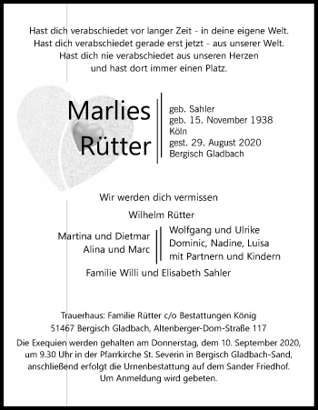 Anzeige von Marlies Rütter von Kölner Stadt-Anzeiger / Kölnische Rundschau / Express