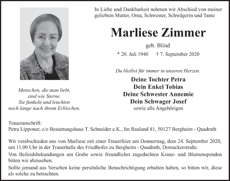  Traueranzeige für Marliese Zimmer vom 18.09.2020 aus  Werbepost 
