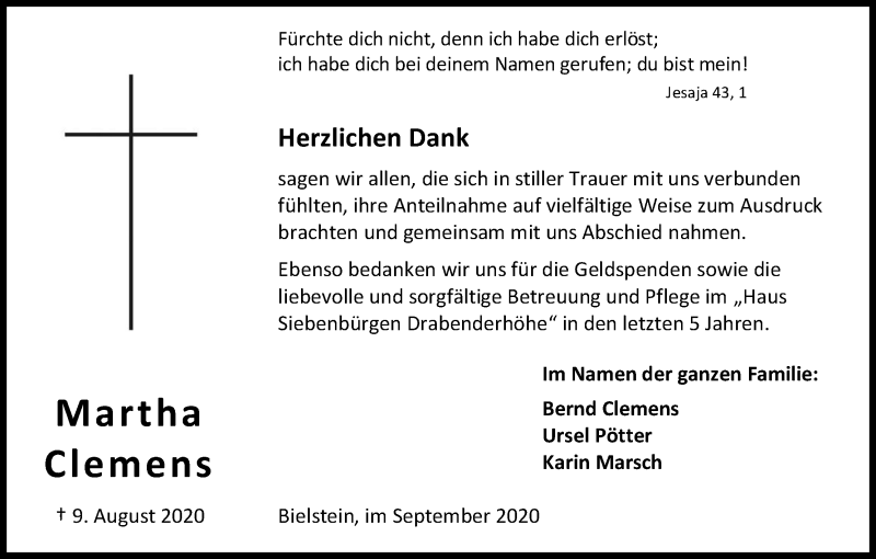  Traueranzeige für Martha Clemens vom 26.09.2020 aus Kölner Stadt-Anzeiger / Kölnische Rundschau / Express